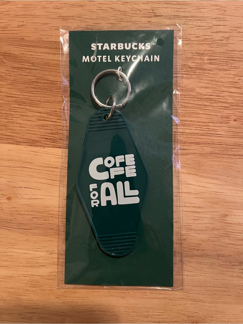 Starbucks Dark Green 'COFE FOR ALL' Motel Keychain with Silver Ring